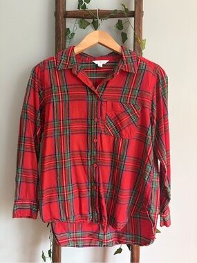 Red Plaid Button-Down Shirt with Green and Navy Stripes